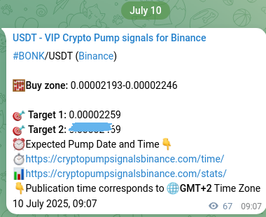 Signal authentication: BONK pump on Binance at 10 July 2025, 11:00