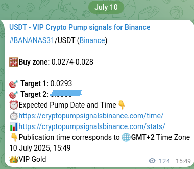 Crypto trading signal verification: BANANAS31 pump on Binance, 10 July 2025, 19:16