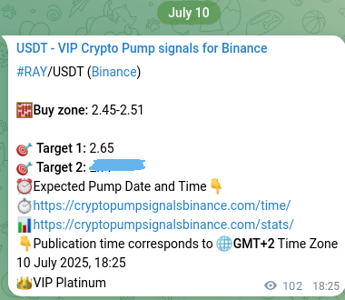 Crypto pump signal verification for RAY on Binance, 10 July 2025, 21:15