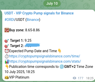 Signal verification: ORDI pump on Binance at 10 July 2025, 23:20