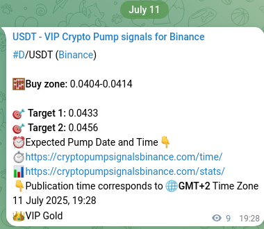 Verify the crypto pump signal confirmation for D on Binance, 11 July 2025, 19:44 Crypto pump signal confirmation: D on Binance, 11 July 2025, 19:44