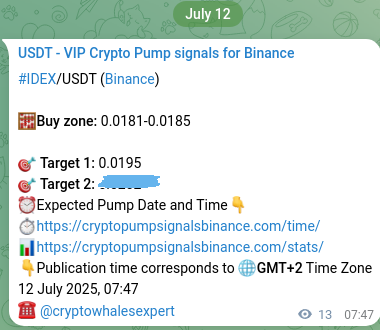 Crypto pump signal proof: Verify IDEX on Binance, 12 July 2025, 08:09 Crypto pump signal proof: IDEX on Binance, 12 July 2025, 08:09