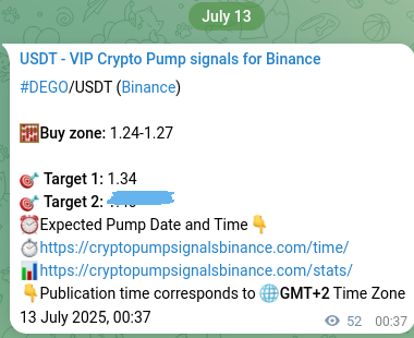 Proof of DEGO pump signal on Binance at 13 July 2025, 02:04
