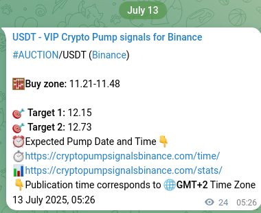 Binance pump signal data for AUCTION at 13 July 2025, 06:06