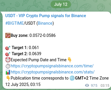 Crypto trading signal proof: BIGTIME pump on Binance, 13 July 2025, 06:19