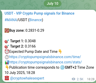 Real-time verification of MANA pump signal on Binance, 13 July 2025, 14:50