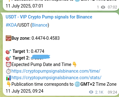 Trading signal proof: KDA pump from Binance, 13 July 2025, 20:22
