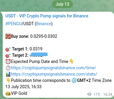 Binance pump signal data for PENGU at 13 July 2025, 21:26