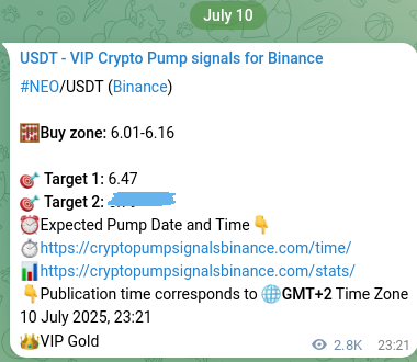 Binance pump signal data for NEO at 14 July 2025, 03:54