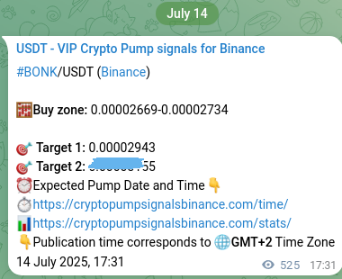 Binance pump signal data for BONK at 15 July 2025, 08:05
