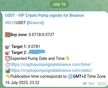 Crypto pump signal confirmation: SLF on Binance, 17 July 2025, 14:25