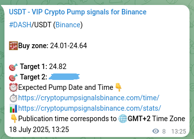 View the trading signal verification for DASH pump from Binance, 18 July 2025, 13:38 Trading signal verification: DASH pump from Binance, 18 July 2025, 13:38