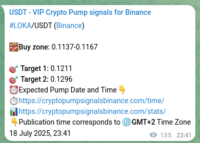 Authenticated proof of LOKA's pump signal on Binance at 19 July 2025, 03:25