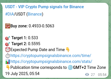 Market signal proof: DIA pump from Binance, 19 July 2025, 06:39