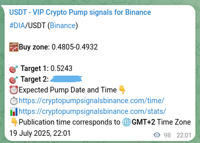 Proof of DIA pump signal on Binance at 20 July 2025, 00:44