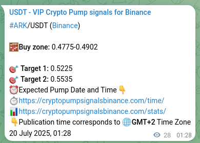 Binance trading signal proof for ARK pump, 20 July 2025, 02:15