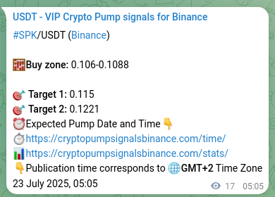 Crypto pump signal analytics for SPK on Binance, 23 July 2025, 05:33