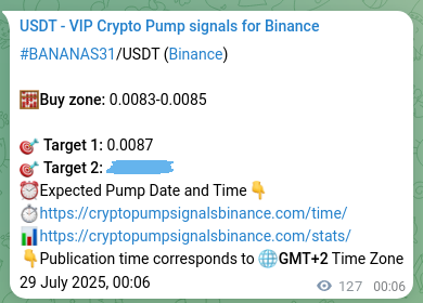 Crypto trading signal proof: BANANAS31 pump on Binance, 29 July 2025, 03:36