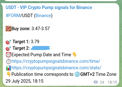 Authenticated proof of FORM's pump signal on Binance, 29 July 2025, 18:54