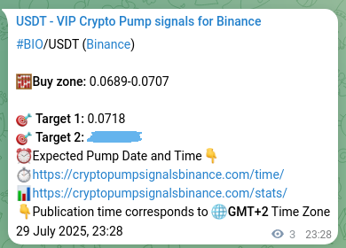 Trading signal verification: BIO pump from Binance, 29 July 2025, 23:32