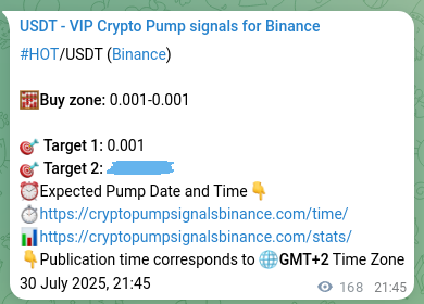 Crypto trading signal proof: HOT pump on Binance, 31 July 2025, 02:25