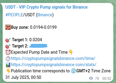 Market signal proof: PEOPLE pump from Binance, 31 July 2025, 02:58