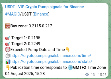 Binance trading signal proof for MAGIC pump, 04 August 2025, 15:48