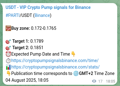 Crypto trading signal proof: PARTI pump on Binance, 04 August 2025, 18:31