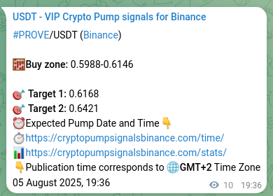 Crypto trading signal verification: PROVE pump on Binance, 05 August 2025, 19:56