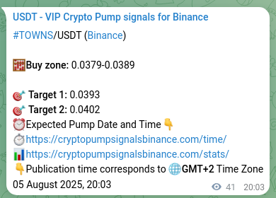 Live proof of TOWNS pump signal on Binance, 05 August 2025, 21:08