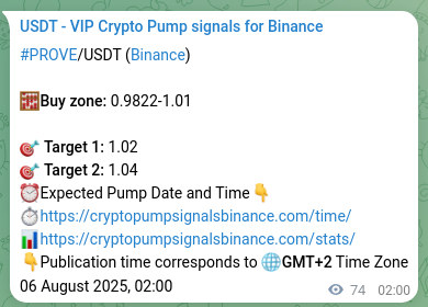 Crypto trading signal verification: PROVE pump on Binance, 06 August 2025, 04:02
