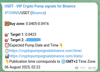 Binance trading signal confirmation for TOWNS pump, 06 August 2025, 07:04