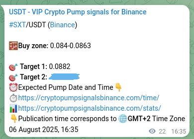 Binance trading signal proof for SXT pump, 06 August 2025, 17:10