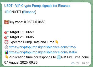 Crypto signal proof: BIO pump on Binance, 07 August 2025, 11:43
