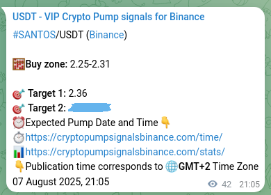 Proof of SANTOS pump signal on Binance at 07 August 2025, 22:14