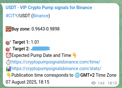 Binance trading signal proof for CITY pump, 07 August 2025, 22:21