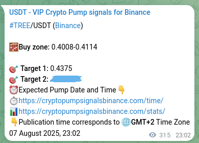Crypto trading signal proof: TREE pump on Binance, 08 August 2025, 07:47