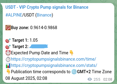 Verification image for ALPINE pump signal on Binance at 08 August 2025, 09:13