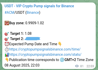 Proof of ACM pump signal on Binance at 09 August 2025, 00:18