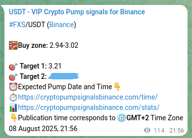 Authenticated proof of FXS's pump signal on Binance at 09 August 2025, 01:05