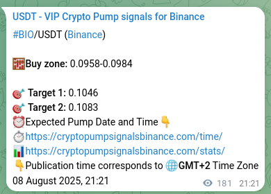 Trading signal proof: BIO pump from Binance, 09 August 2025, 02:21
