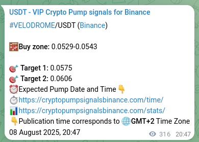 Crypto trading signal proof: VELODROME pump on Binance, 09 August 2025, 05:33