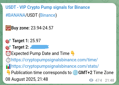 Binance exchange signal confirmation for BANANA, 09 August 2025, 10:56
