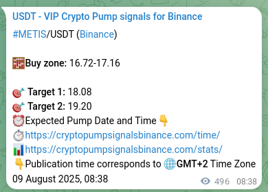 Crypto trading signal verification: METIS pump on Binance, 09 August 2025, 22:23