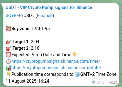 Trading signal proof: CYBER pump from Binance, 12 August 2025, 09:32