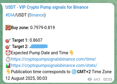 Binance exchange signal confirmation for DIA, 12 August 2025, 17:55