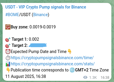 Crypto pump signal analytics for BOME on Binance, 13 August 2025, 03:23 Crypto pump signal analytics for BOME on Binance, 13 August 2025, 03:23