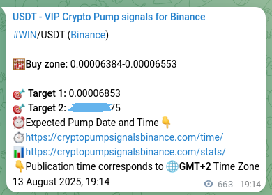 Statistical confirmation: WIN pump signal validation on Binance, 14 August 2025, 13:40