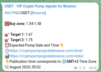 Crypto signal proof: ALPINE pump on Binance, 15 August 2025, 19:03