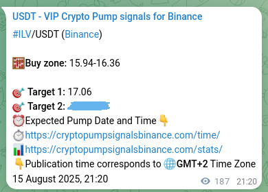 Crypto pump signal proof: ILV on Binance, 16 August 2025, 02:28